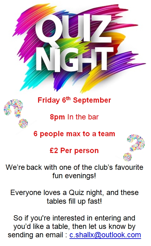 Quiz Night Friday 6th September 2019